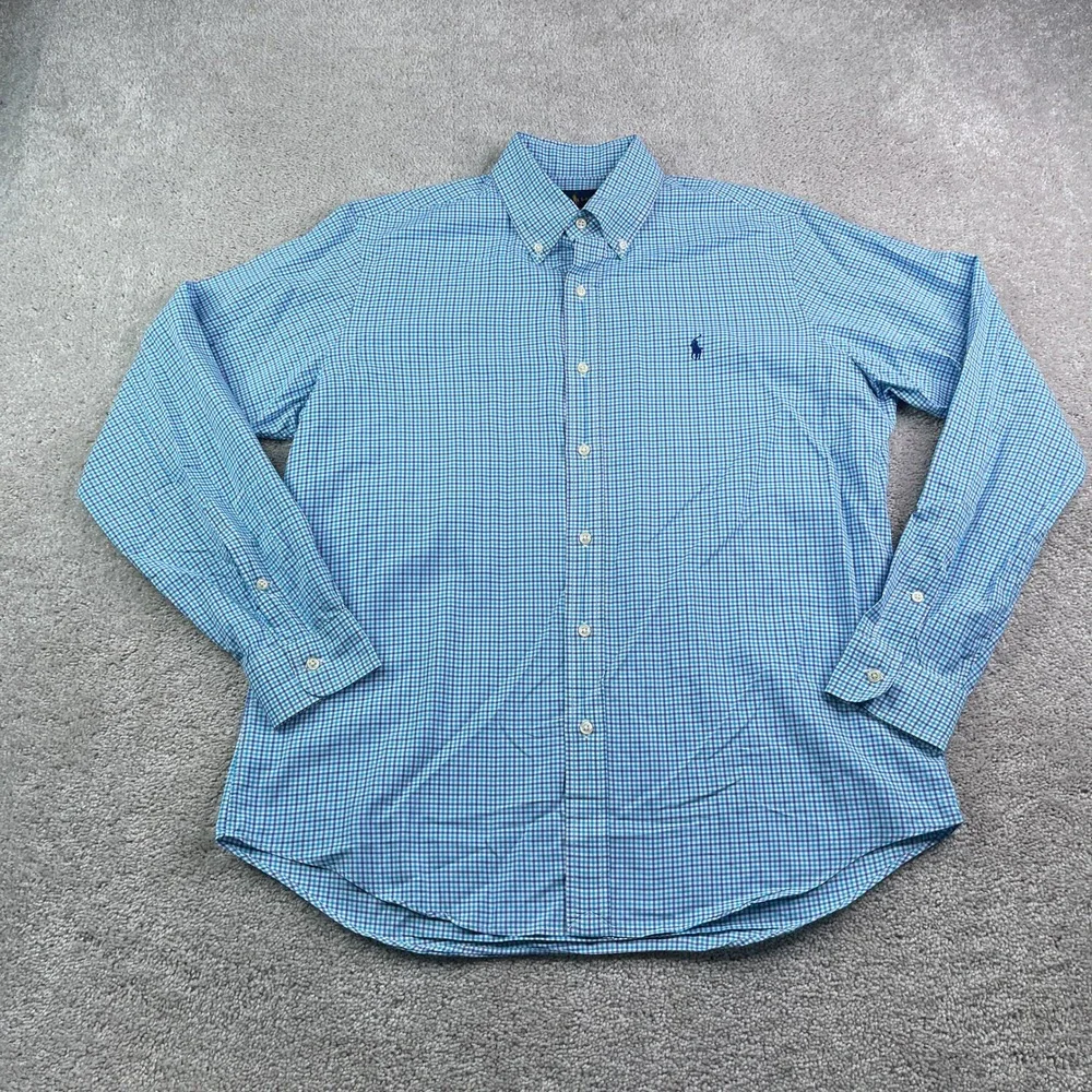 Ralph Lauren Shirt Mens Medium Blue Gingham Button Down Long Sleeve Cotton Pony